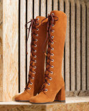 Suede Lace-Up Block-Heel Boot, Palissandro