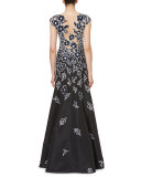 Floral Patchwork Cap-Sleeve Gown, Black/Navy