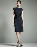 Cap-Sleeve Crisscross-Waist Dress, Midnight Blue
