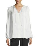 Josette Long-Sleeve Lace-Trim Silk Blouse