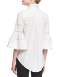 Bell-Sleeve Tie-Neck Cotton Blouse, White