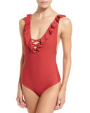 Victoria Ruffle One-Piece Swimsuit, Milos Floral Red