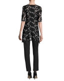 V-Neck Flared-Hem Lace Top, Black/Ivory
