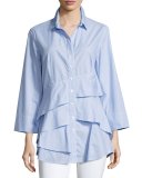 Jenna Chambray Tiered-Ruffle Blouse, Blue/White