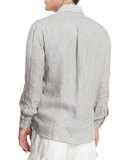 Striped Long-Sleeve Linen Shirt, Military Green
