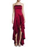 Strapless Tiered Asymmetric Satin Gown, Bordeaux
