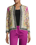 Ikat-Print Open Bracelet-Sleeve Jacket, Fuchsia/Ivory/Green