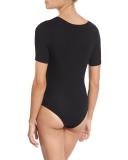Short-Sleeve Stretch Jersey Henley Bodysuit, Black