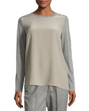 Long-Sleeve Colorblock Silk/Wool Combo Top, Taupe/Gray