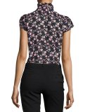 Cap-Sleeve Floral Silk Ruffle-Trim Blouse, Black/Multicolor