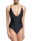 Leather-Strap Solid One-Piece Swimsuit, Black