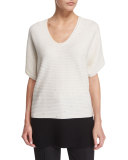 Short-Sleeve Paillette Colorblock Pullover, Open Off White/Black