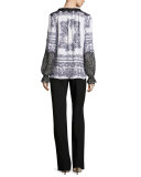 Myrina Lace-Trimmed Printed Silk Blouse, White Multi