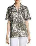 Damon Short-Sleeve Grove Palm-Print Stretch-Cotton Blouse, Multi