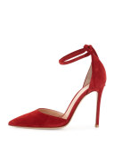 Suede Pointed-Toe Ankle-Wrap Pump, Granata