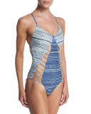 Printed-Stripe Cutout One-Piece Swimsuit
