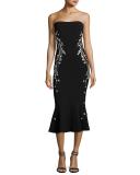 Luna Strapless Embroidered Flounce Midi Dress, Black/Pink