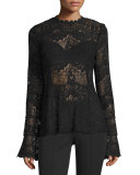 Scalloped Lace Long-Sleeve Top, Black
