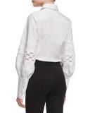 Pouf-Sleeve French-Cuff Blouse, White