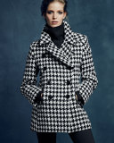 Double-Breasted Houndstooth Peacoat, White/Black