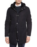 Suede Shearling Fur-Lined Parka, Navy