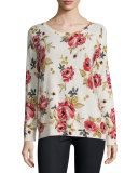 Eloisa Rose-Print Crewneck Cashmere Sweater, Chalk