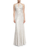 Halter-Neck Metallic Burnout Gown, Platinum