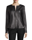 Jewel-Neck Leather Peplum Jacket, Black