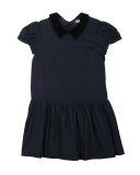 Swiss Dot Velvet-Trim Dress, Navy, Size 3-8