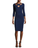 Clori 3/4-Sleeve Cross-Front Cocktail Dress, Navy