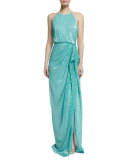 Sleeveless Draped Sequined Column Gown 