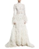 Long-Sleeve Lace Gown with Ostrich Feather Skirt, White