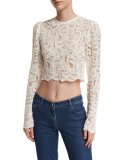 Talia Long-Sleeve Cropped Sheer Lace Top, White