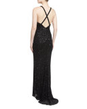 Sequined Sleeveless Column Gown, Black 