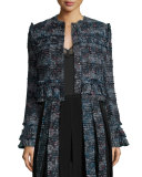 Katrin Fringe-Trim Tweed Jacket, Black/Peacock Multi