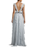 Crawford Sleeveless Chiffon Ruffle Gown, Blue