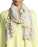 Pompom-Trim Cotton/Silk Scarf, Dark Pearl
