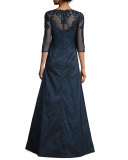 3/4-Sleeve Embroidered Lace & Taffeta Gown 