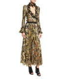 Pleated Metallic-Embroidered Maxi Skirt, Gold