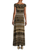 Cap-Sleeve Striped Tulle Maxi Dress, Black/Brown