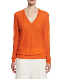 Blouson Cashmere V-Neck Sweater, Tangerine