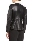 Leather Peplum Jacket w/ Contrast Whipstitching, Black