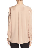Band-Collar Stretch-Silk Pintuck-Placket Blouse