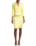 Floral Jacquard Jacket w/ Pencil Skirt, Yellow/White