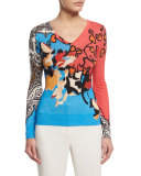 Long-Sleeve Mixed-Print Sweater, Coral/Blue