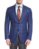 Plaid Two-Button Sport Coat, Royal/Brown