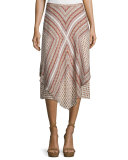 Mitered Multipattern Handkerchief Midi Skirt, Cream/Multicolor