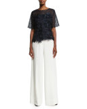 Short-Sleeve 3D Embroidered Lace Blouse, Navy