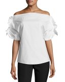 Off-the-Shoulder Ruffle-Trim Poplin Top, White