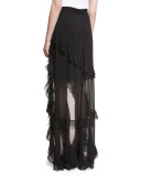 Lavera Layered Ruffle High-Low Maxi Skirt, Black